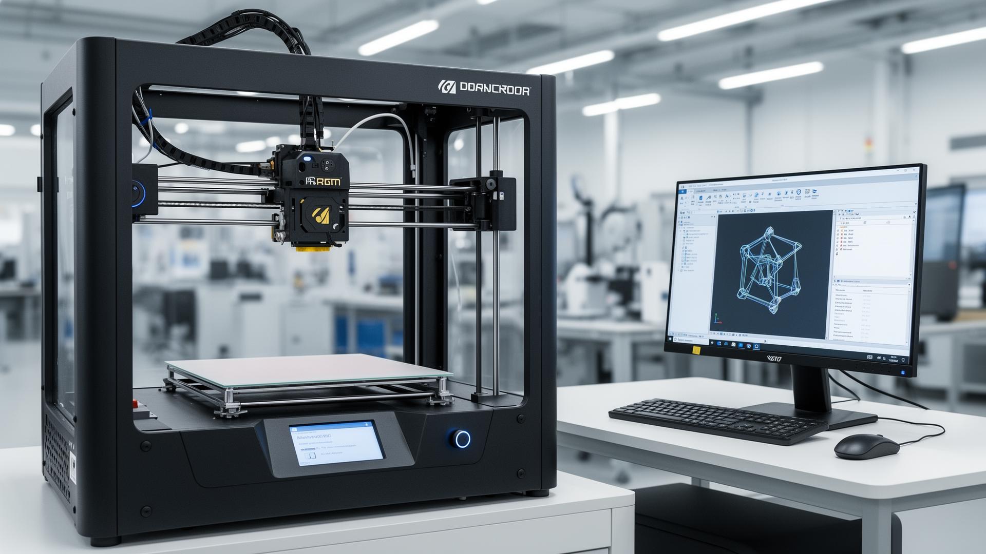 3D printer and computer workstation in a maker space or laboratory setting, with multiple 3D printers and equipment visible in the background.