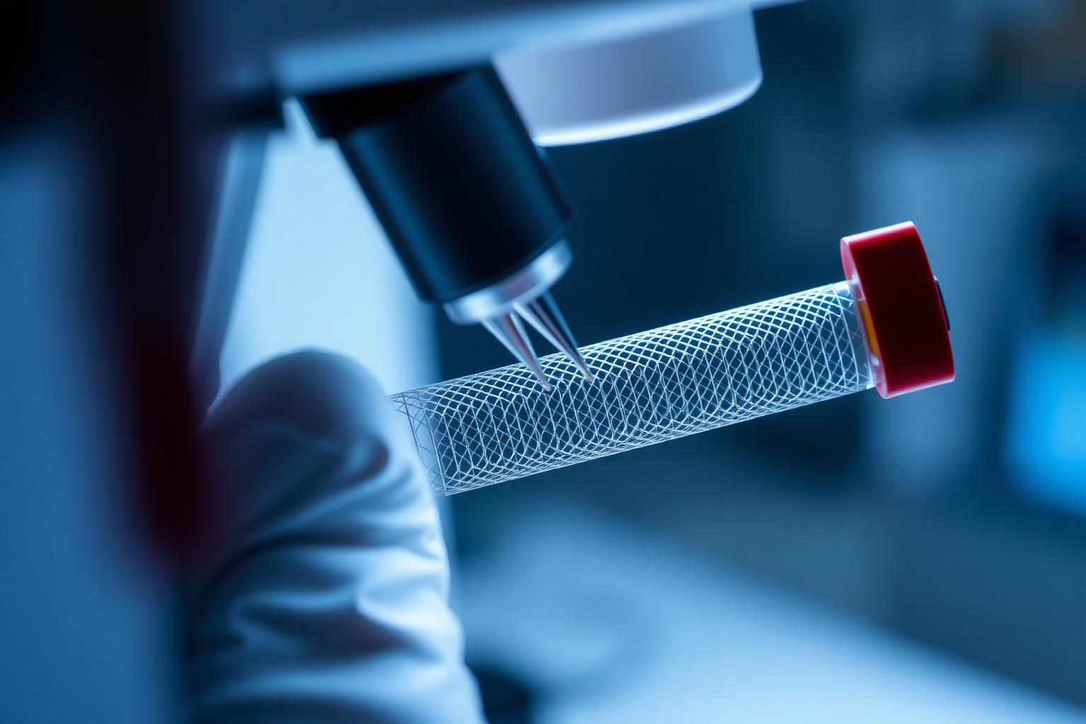 Nitinol stent prototype inspected under a microscope in a cleanroom