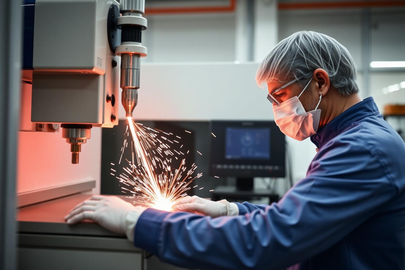 Technician operating CNC laser tube cutter producing nitinol hypotubes