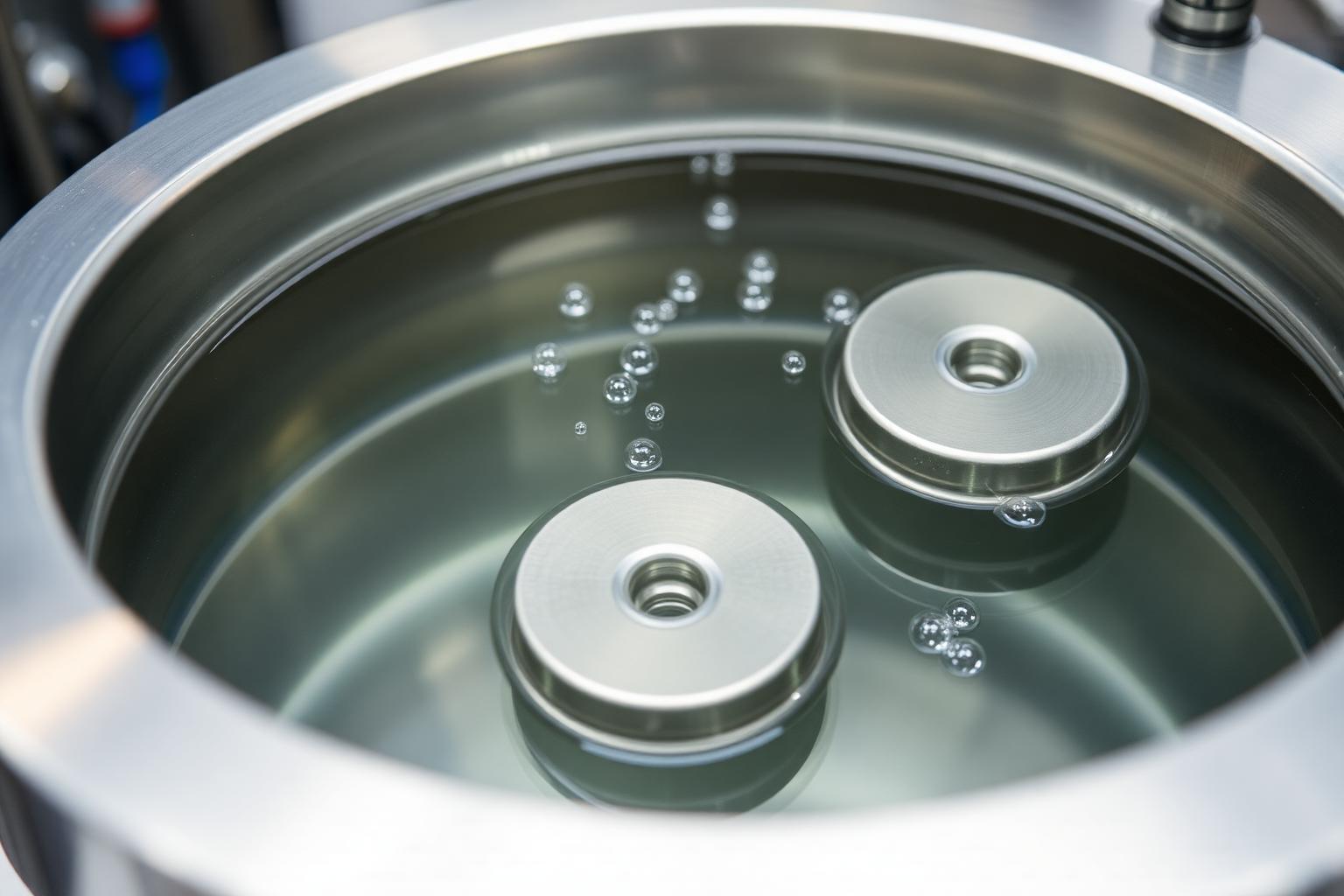 Electropolishing tank with nitinol parts in clear electrolyte solution
