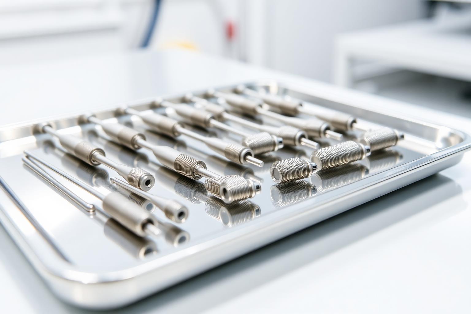 Finished, mirror-polished nitinol medical device components on a tray