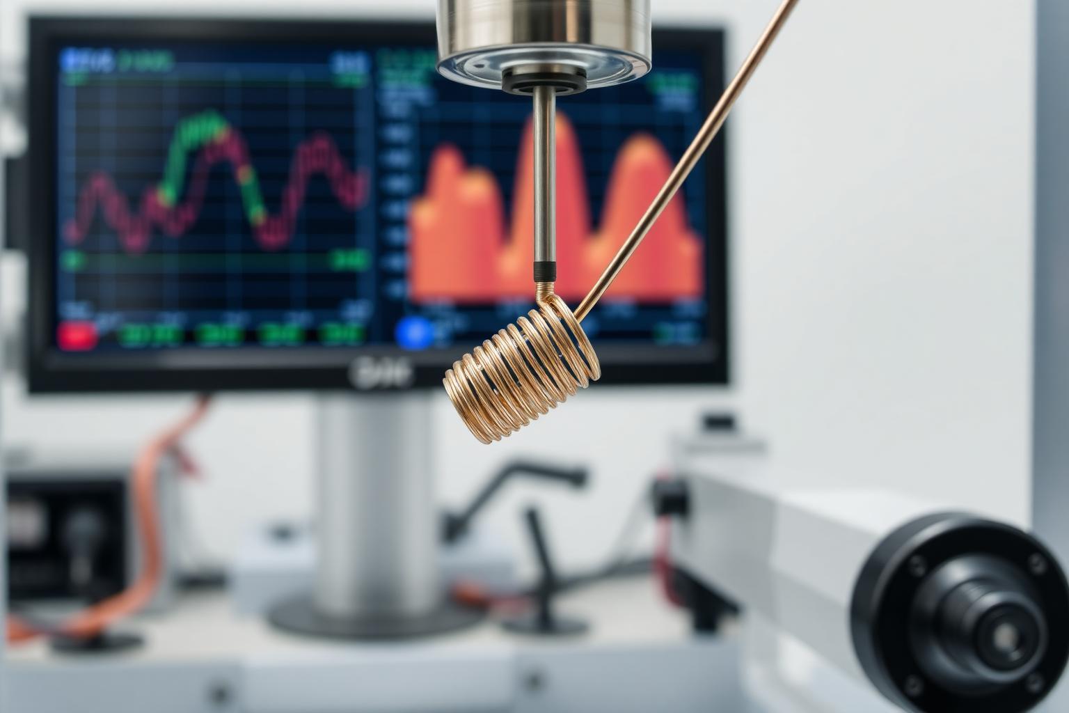 Active fatigue testing rig flexing a nitinol component with data on monitor